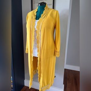 Mustard 3/4 Sleeve Duster Cardigan With Lace Trim